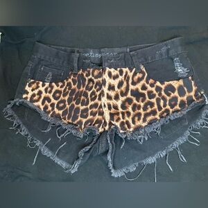 One Teaspoon Black and Leopard Jean Shorts